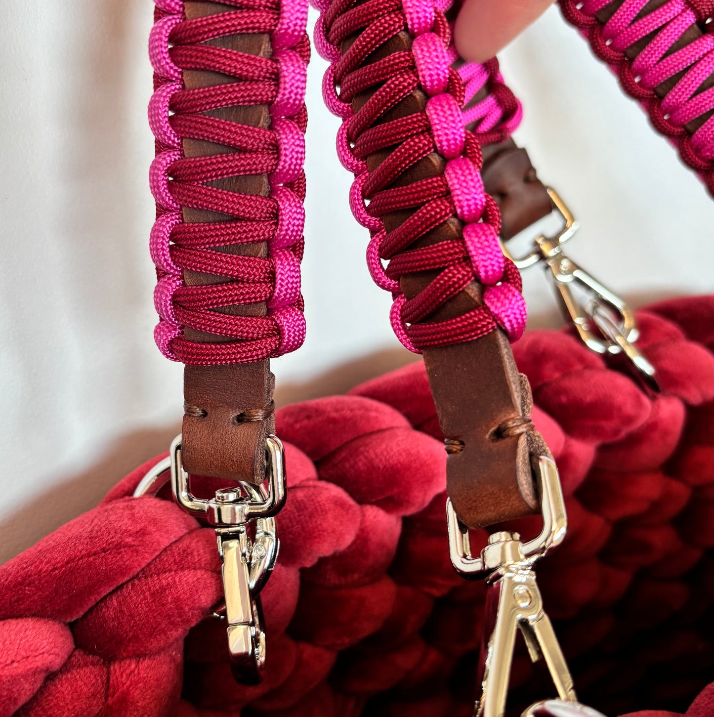 Classic chunky knit bag in royal blue velvet with braided leather handles and Nitiknitti velvet cosmetic bag