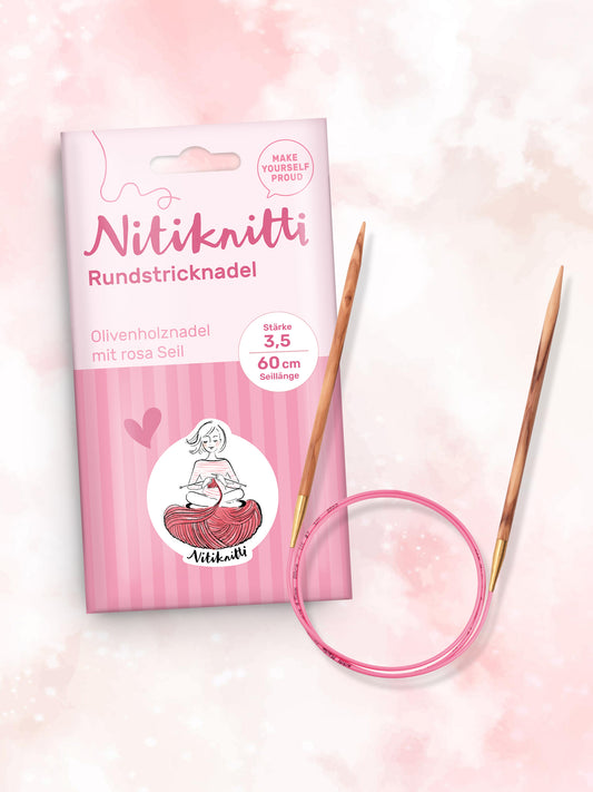 Stricknadel Olivenholz mit rosa Seil NK-Edition
