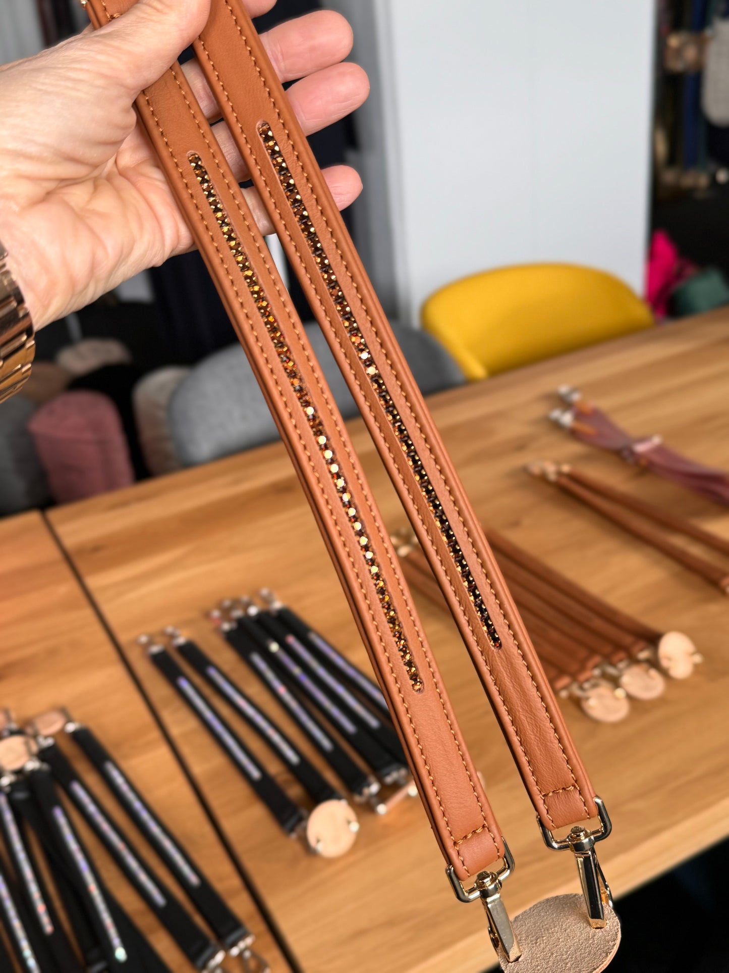 Poignées en cuir avec cristaux Swarovski