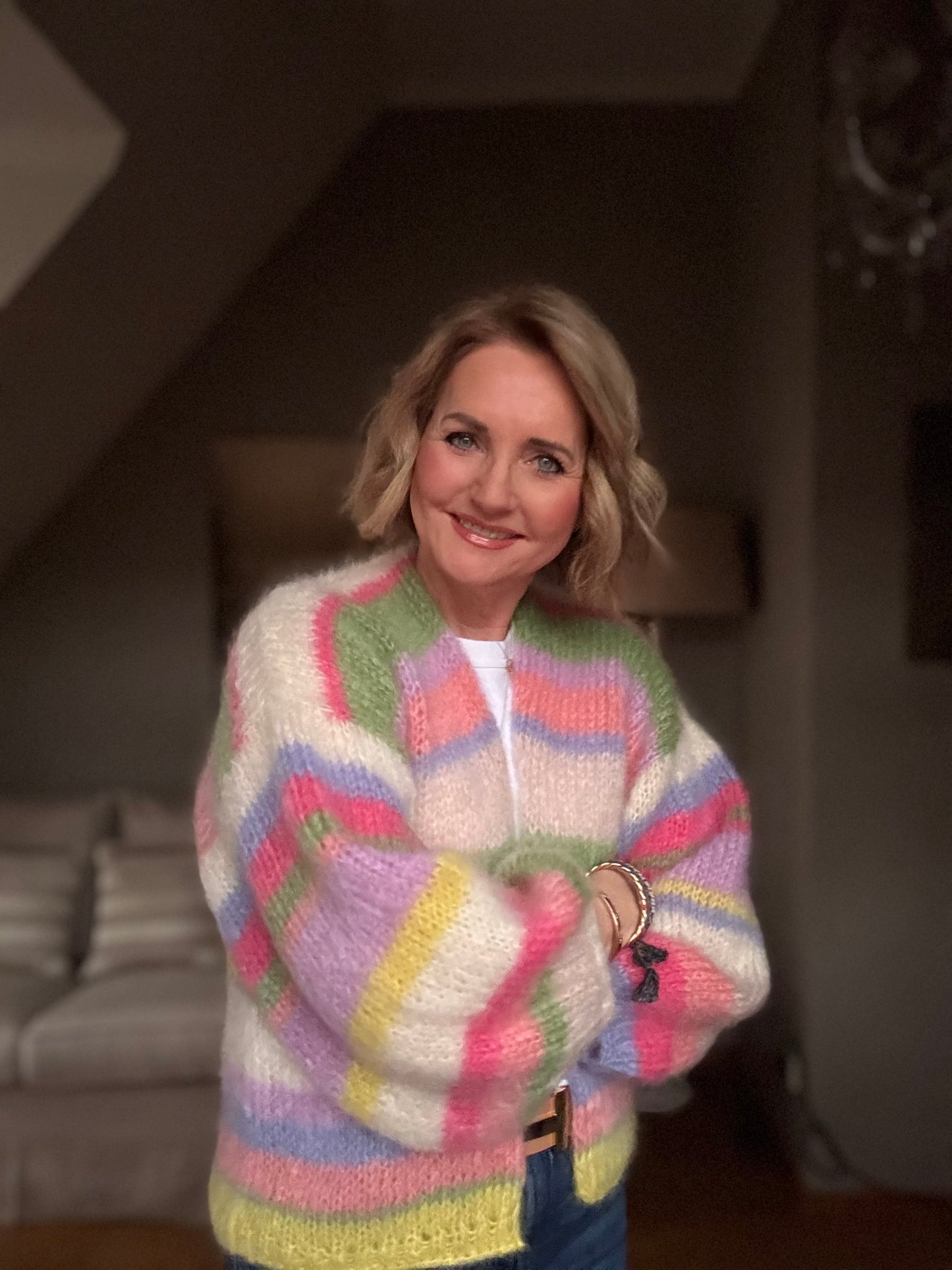 Colorful striped cardigan made from Ballerina Chunky Mohair - free pattern