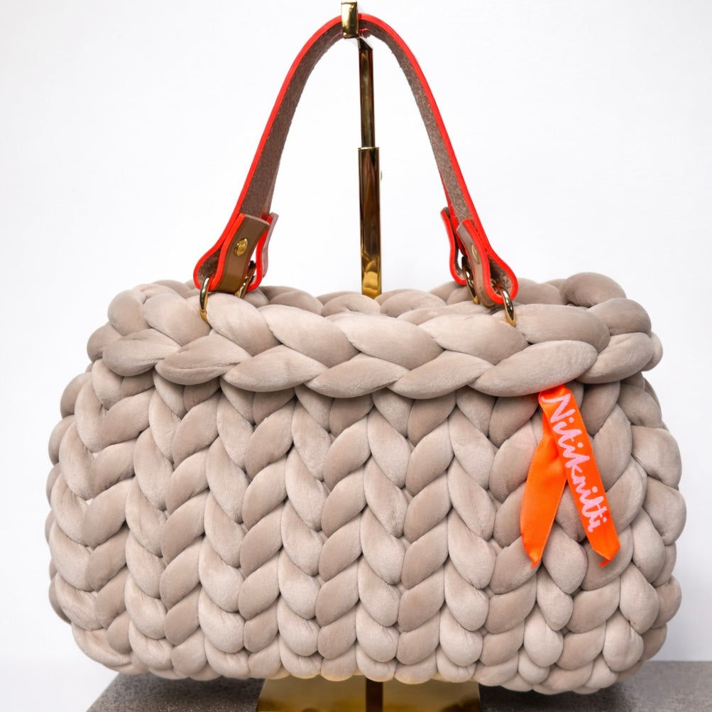 Chunky knit Pillow Bag in lobster color with handles by OSDesign