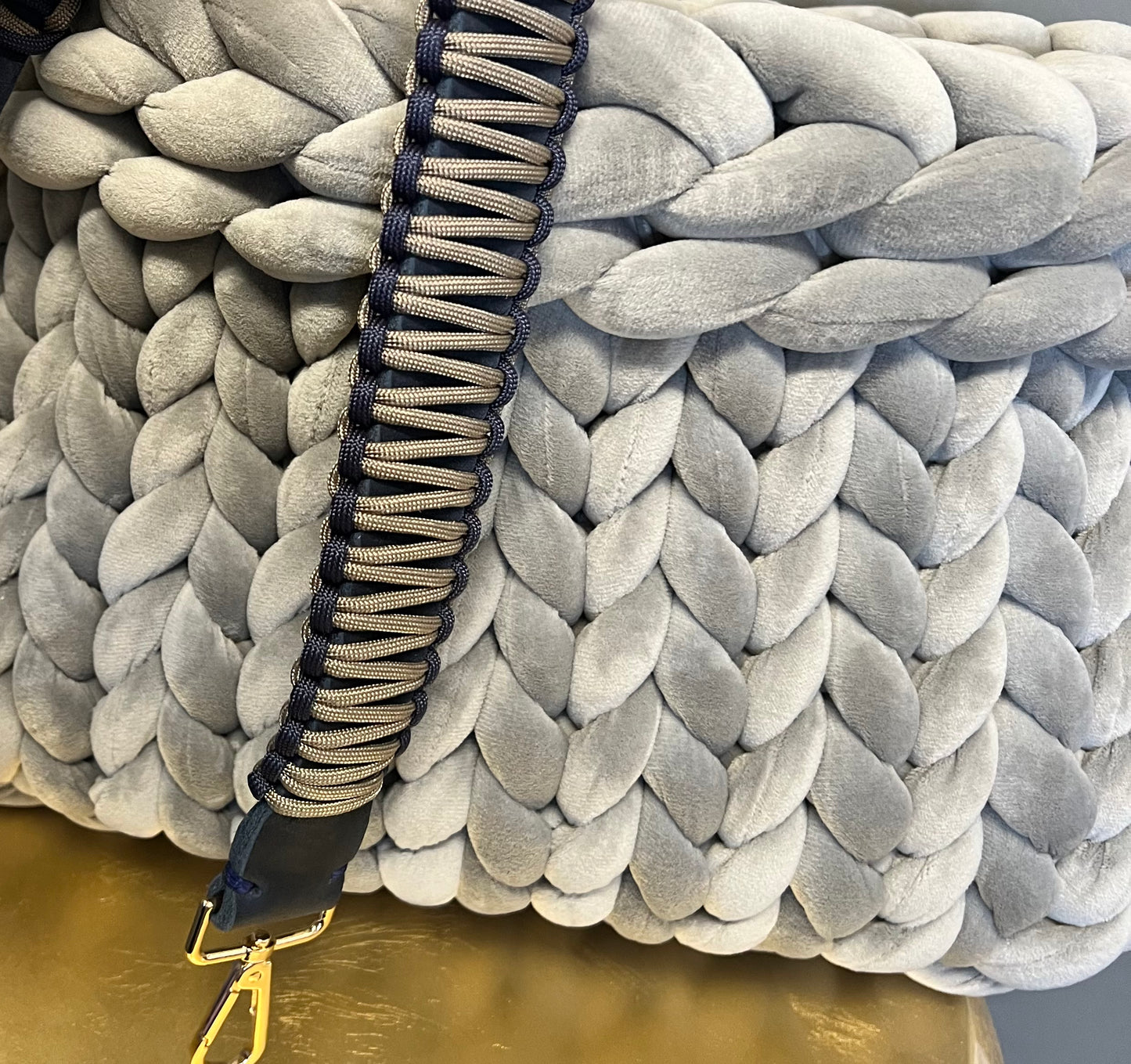 Pillow Bag in velvet in light grey with Louisa &amp; Zoe shoulder strap