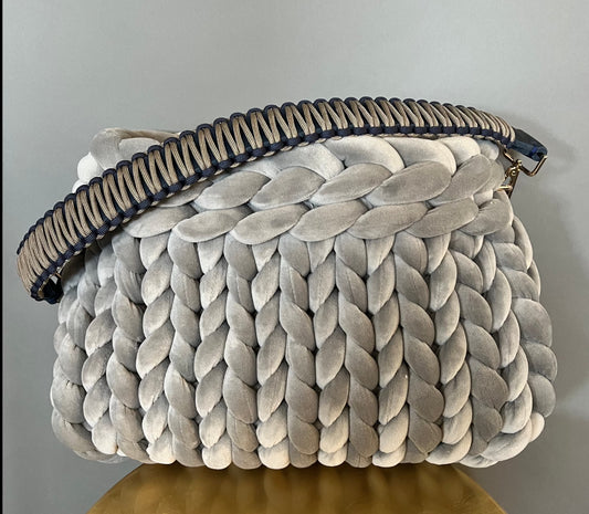 Pillow Bag in velvet in light grey with Louisa &amp; Zoe shoulder strap