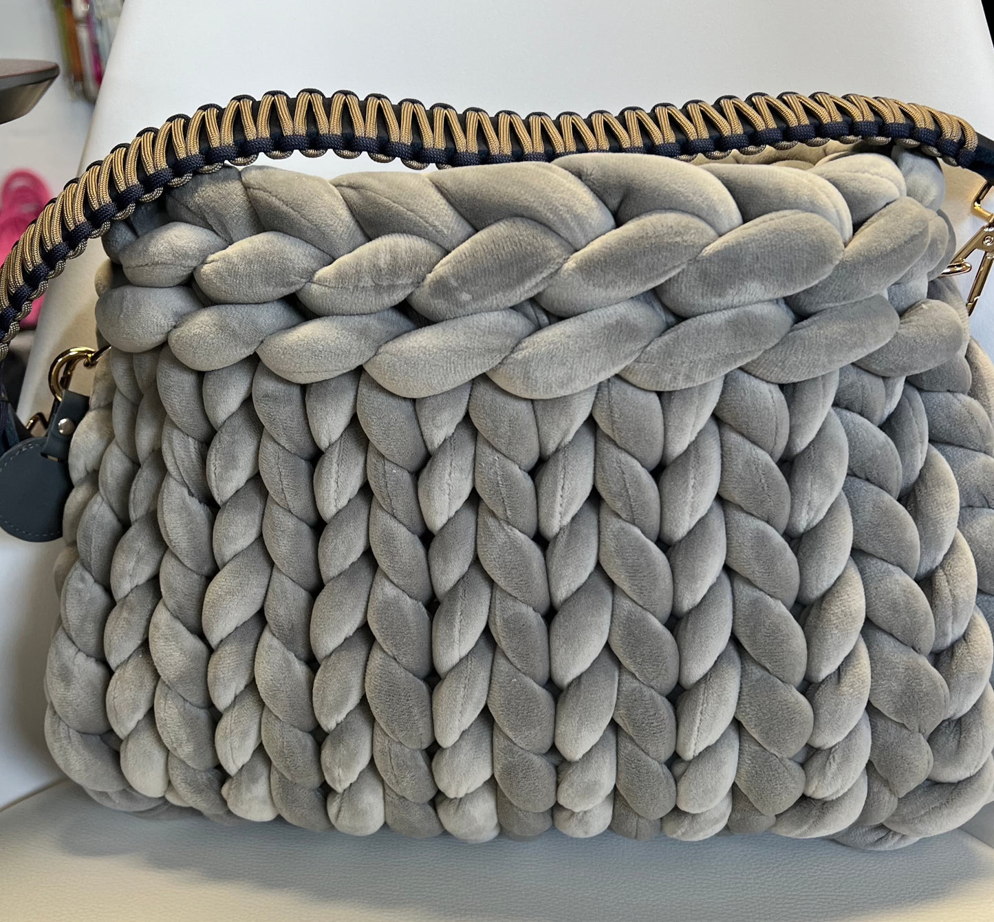 Pillow Bag in velvet in light grey with Louisa &amp; Zoe shoulder strap