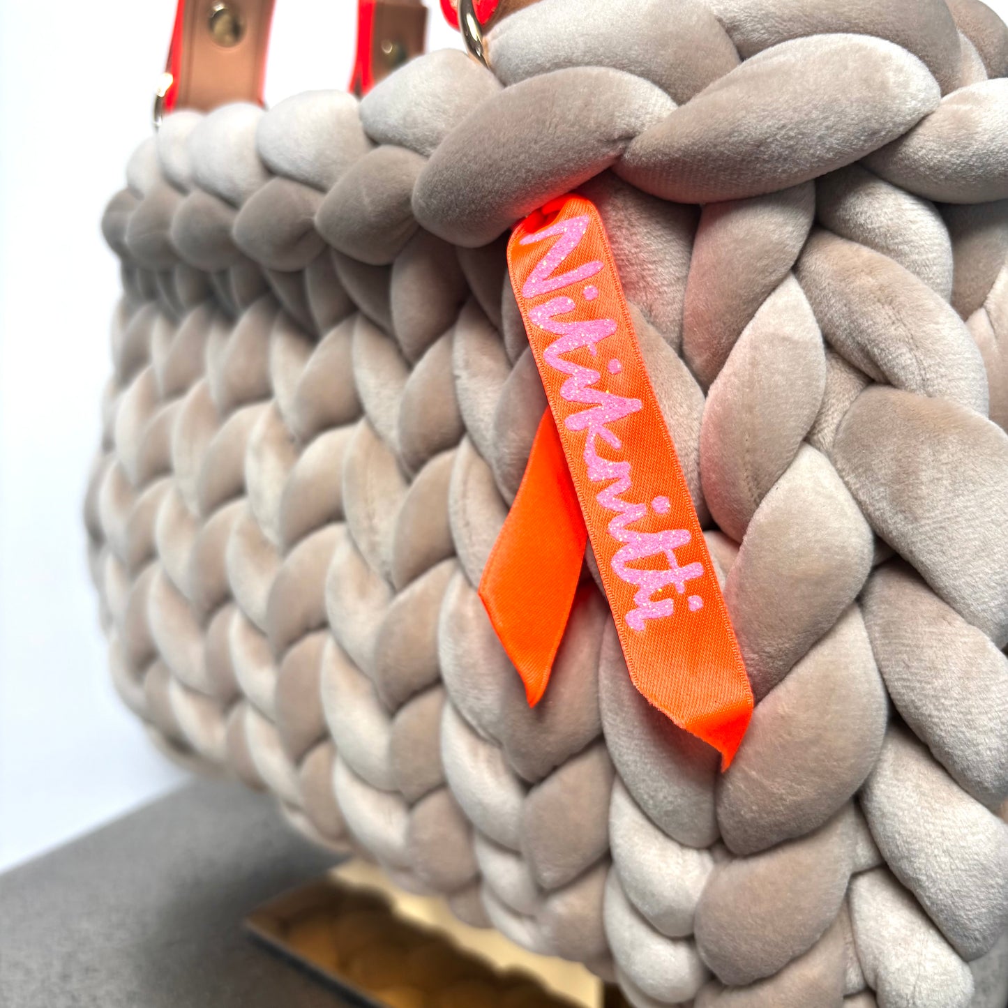 Chunky knit Pillow Bag in lobster color with handles by OSDesign